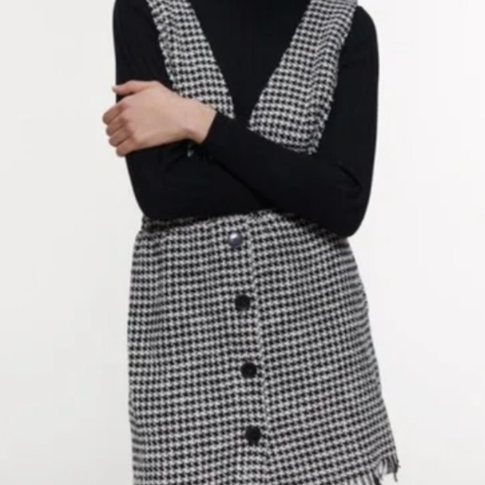 Zara Womens Tweed Pinafore Dress XS Black White